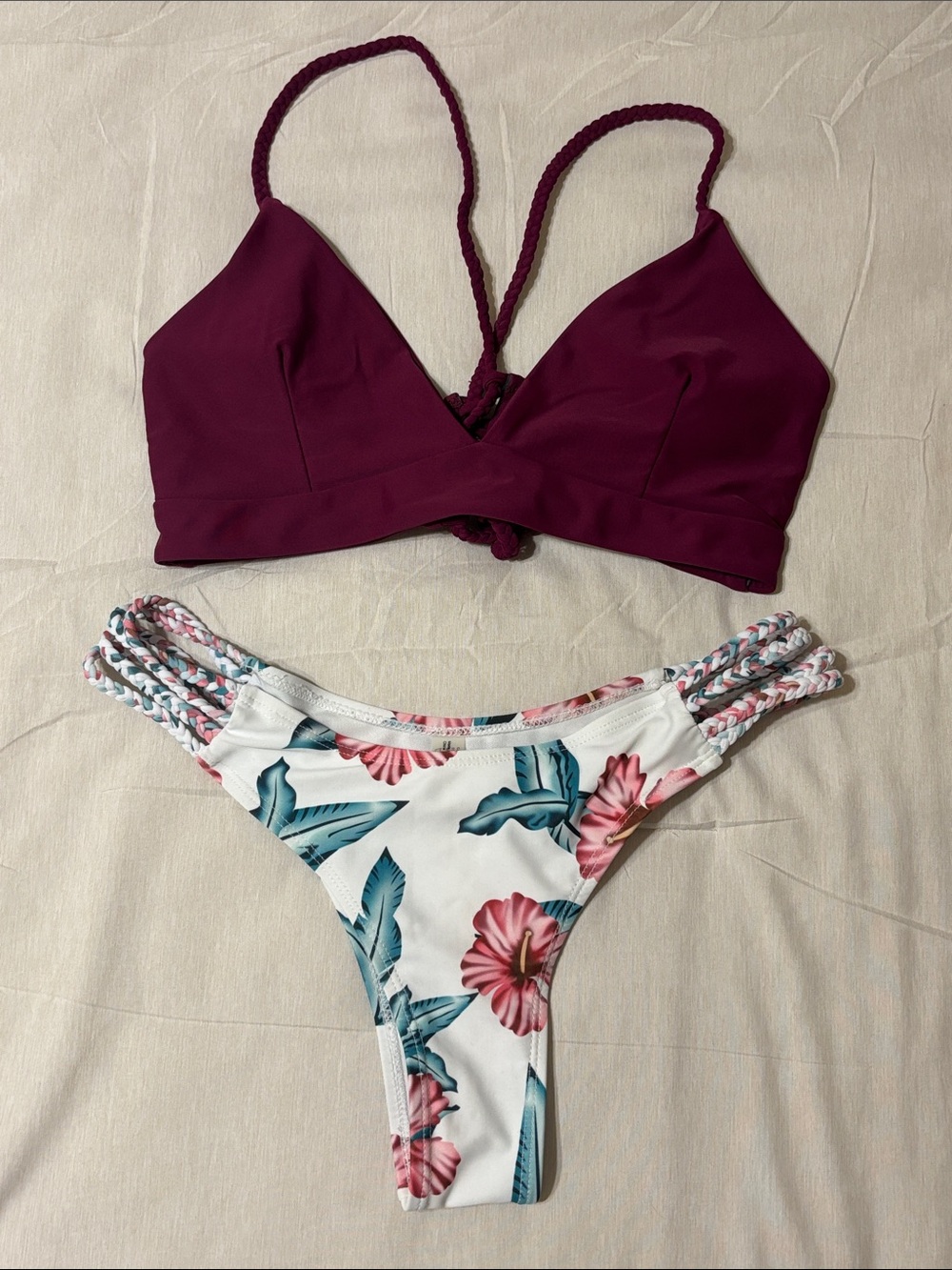 Zaful Berry Bralette Top with White Tropical Floral Bottom